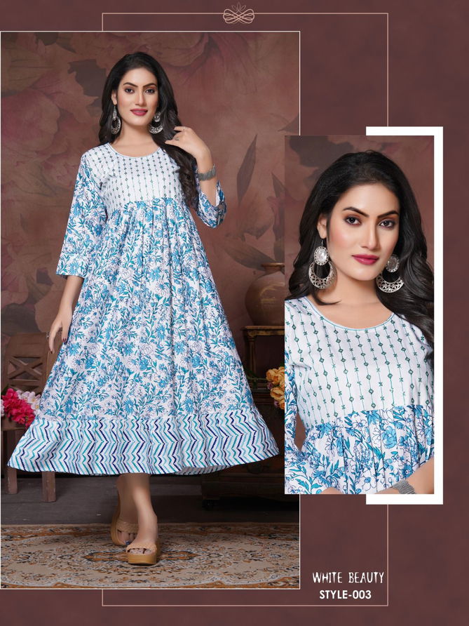 Trendy White Beauty 01 Printed Anarkali Kurtis Catalog
